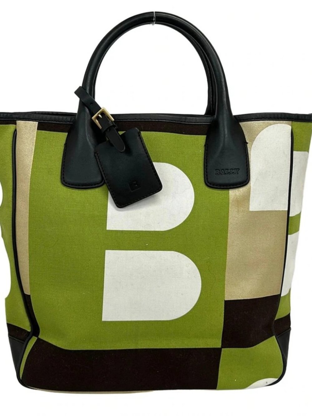 BALLY Busy B Green White Multi Canvas Leather Tote Bag